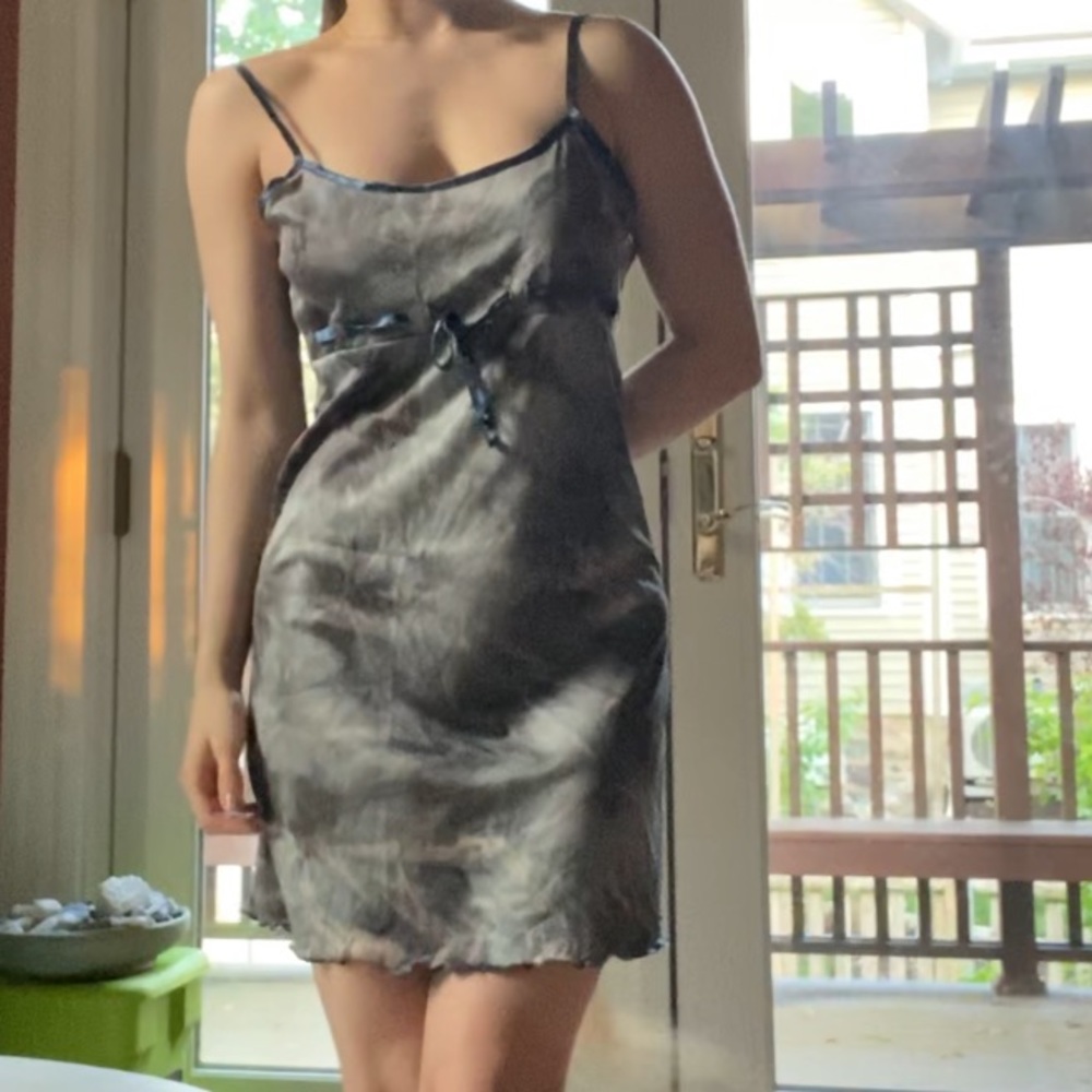 Vintage 90s mesh tie dye slip tie bow mini dress